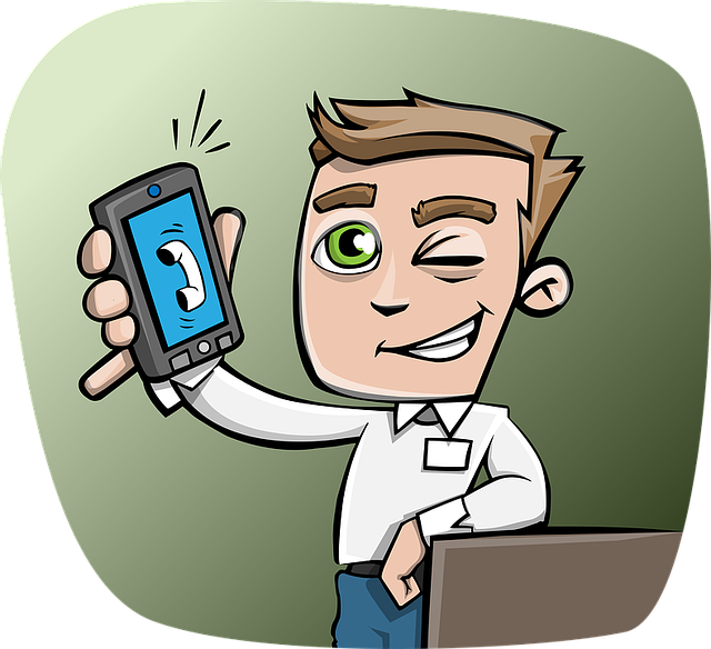 kreslený muž držící vyzvánějící chytrý telefon